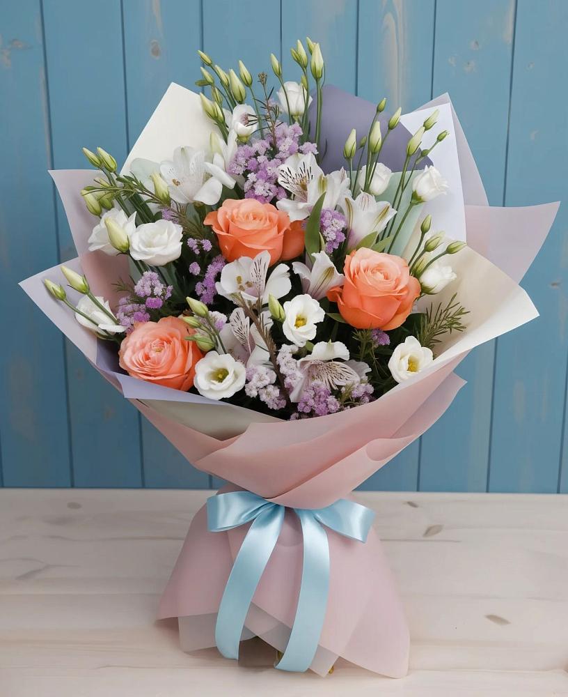 Букет цветов из: Лизиантусы, Розы, Альстромерии и Гипсофила в Жердевке